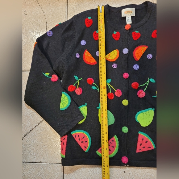 *Rare* Vintage Cardigan Sweater Black Multicolor Fruit Print Crocheted Buttons - Picture 3 of 10